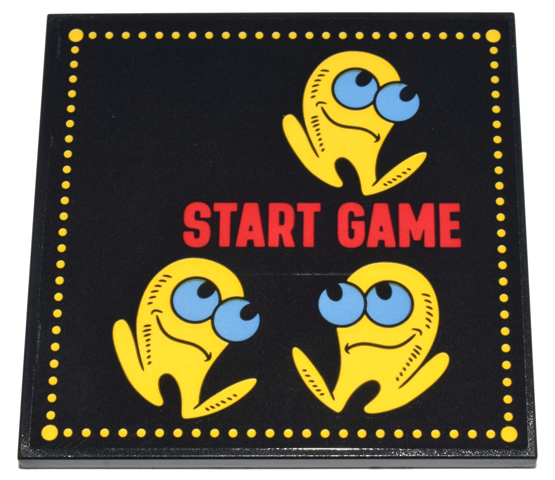 Lego Tile 6 x 6 with Bottom Tubes, Textured Surface with Red 'START GAME' and Yellow PAC-MAN Characters with Medium Blue Eyes and Dotted Border Pattern (Sticker) - Set 10323