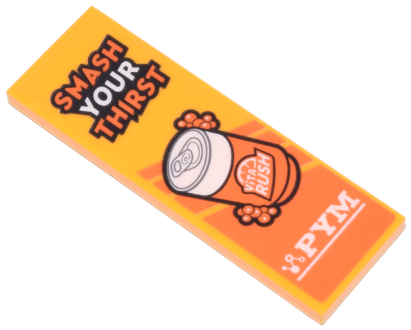 Lego Tile 2 x 6 with Orange and White 'SMASH YOUR THIRST', Can of 'ViTA RUSH' and 'PYM' Logo Pattern (Sticker) - Set 76269