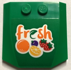 Lego Wedge 4 x 4 x 2/3 Triple Curved with Orange 'fresh', Leaf and Fruit Pattern (Sticker) - Set 60380 / Green