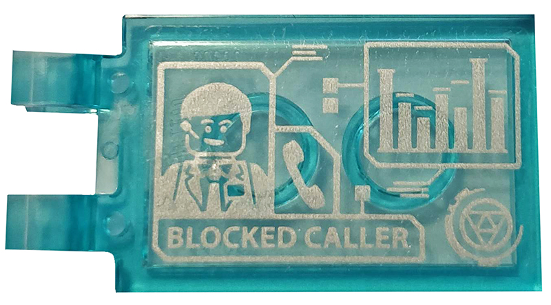 Lego Tile, Modified 2 x 3 with 2 Clips with Graphics, Agent Coulson and 'BLOCKED CALLER' Pattern (Sticker) - Set 76125 / Trans-Light Blue