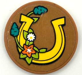 Lego Tile, Round 3 x 3 with Yellow Horseshoe and Coral, Dark Turquoise, White and Lime Flowers Pattern (Sticker) - Set 41745