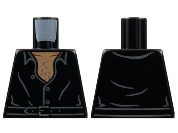 Lego Torso Shirt Partially Open with Buttons, Belt with Silver Buckle, Nougat Hairy Chest Pattern / Black