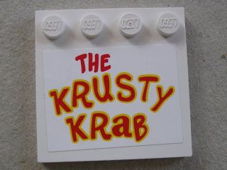 Lego Tile, Modified 4 x 4 with Studs on Edge with 'THE KRUSTY KRAB' Pattern (Sticker) - Set 3825