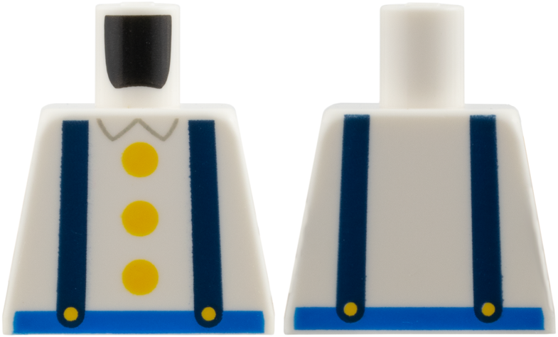 Lego Torso Dark Blue Suspenders, 3 Bright Light Orange Buttons, Blue Belt Pattern / White