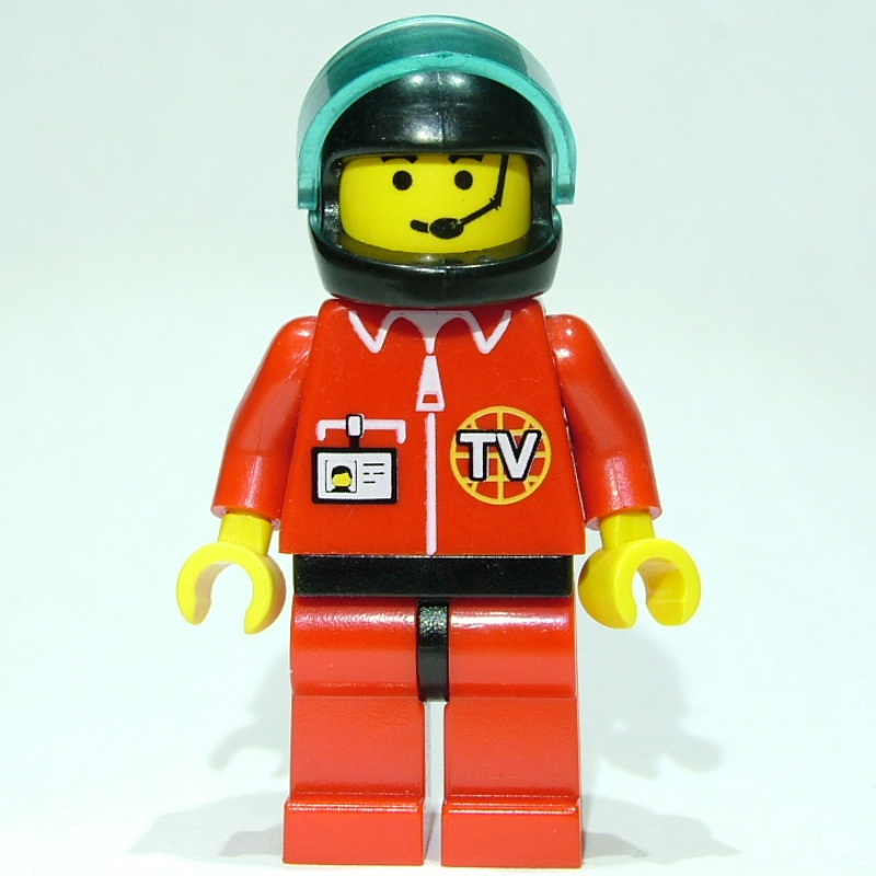 Lego Pilot, Red Jumpsuit with TV Logo, Black Helmet with Visor, Headset