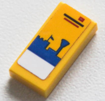 Lego Tile 1 x 2 with Blue and White Legoland Park Skyline, Castle, Flag and Tower on Yellow Background Pattern (Sticker) - Set 40346