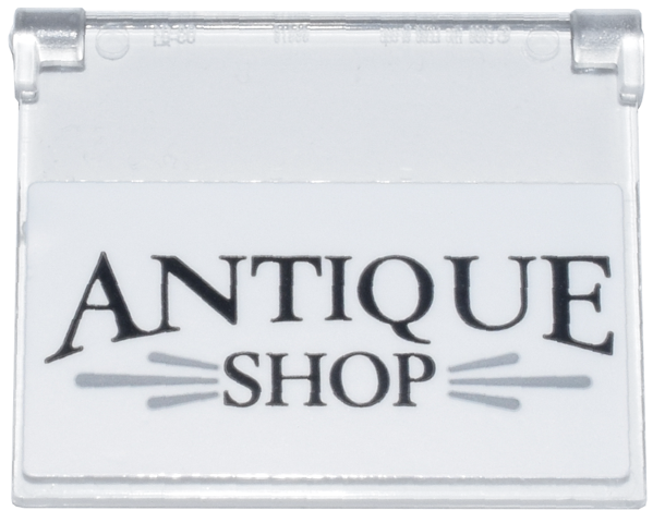Lego Glass for Window 1 x 4 x 3 - Opening with Black 'ANTIQUE SHOP' and Light Bluish Gray Lines on White Background Pattern (Sticker) - Set 910050 / Trans-Clear