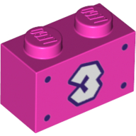 Lego Brick 1 x 2 with White '3', Dark Purple Border, Dots Print / Dark Pink