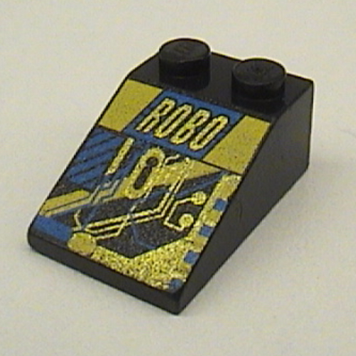 Lego Brick Sloped 33° 3 x 2 with RoboForce Gold 'ROBO' and Blue and Yellow Circuitry Print / Black