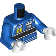 Lego Torso, Racing Suit, White/Black Stripes, Yelloe 5, 'elf' Print, Blue Arms, White Hands / Blue