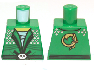 Lego Torso Ninja Robe with Silver Diamonds and Dark Green Trim over White Layered Shirt, Sash Belt with Hexagon Buckle, Yellow Neck, Gold Snake on Back Pattern / Green
