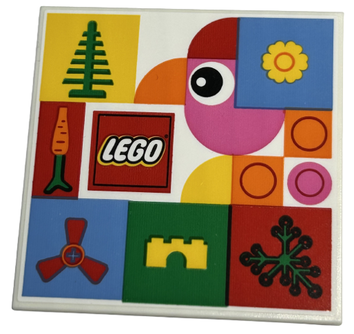 Lego Tile 6 x 6 with Bottom Tubes, Textured Surface with LEGO Logo, Bird with Eye and Orange Beak, Tree, Flower, Carrot, Propeller, Arch and Plant Leaves Pattern (Sticker) - Set 40574 / White