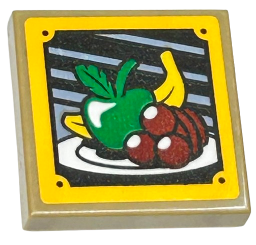 Lego Tile, Modified 2 x 2 Inverted with Banana, Apple and Ice Cream Scoops on Plate in Bright Light Orange Frame Pattern (Sticker) - Set 76412
