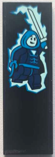 Lego Tile 2 x 6 with Dark Blue and Dark Azure Video Game Minifigure with Light Aqua Katana and Ice Pattern (Sticker) - Set 60388 / Black