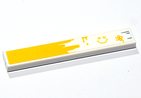 Lego Tile 1 x 6 with Partially Painted Bench Plank with Yellow Paint Drips, Smiley Face and Flower Pattern (Sticker) - Set 41748