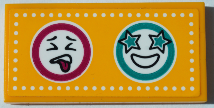 Lego Tile 2 x 4 with Grimacing Face, Happy Face, Magenta and Dark Turquoise Circles and White Dots on Bright Light Orange Background Pattern (Sticker) - Set 41368 / Bright Light Orange