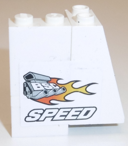 Lego Stickered Assembly 4 x 2 x 3 1/3 with Engine, Flames, 'BSC', and 'SPEED' Pattern Model Left Side (Sticker) - Set 8154