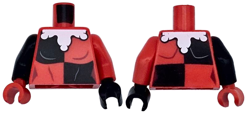 Lego Torso Female Black Quarters, White Wide Jester's Collar Rounded Pattern / Red Arm Left / Black Arm Right / Black Hand Left / Red Hand Right