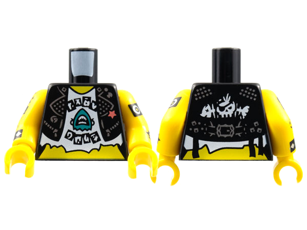 Lego Torso Vest, Silver Detail, Coral Star, Tattered White Shirt, Dark Turquoise Shark Pattern / Yellow Arms with Cuffs and Tattoos Pattern / Yellow Hands