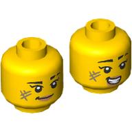 Lego Minifig Head, Eyebrow, Scars, Peach Lips, Smirk/Open Mouth Smile / Yellow