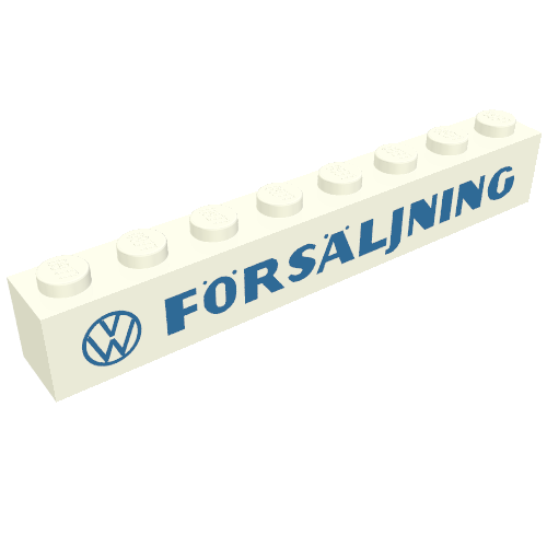 Lego Brick 1 x 8 with 'VW FORSALJNING' Thick Blue Print / White