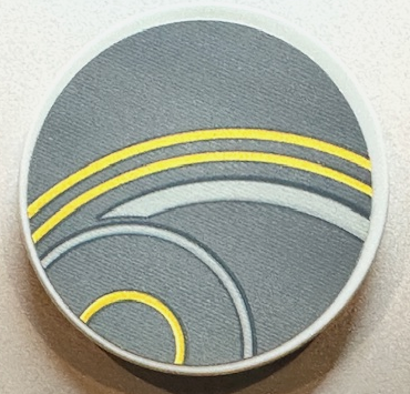 Lego Tile, Round 3 x 3 with Yellow and Light Bluish Gray Curved Lines and Concentric Circles on Dark Bluish Gray Background Pattern 1 (Sticker) - Set 76156 / Light Bluish Gray