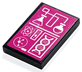 Lego Tile 2 x 3 with White Scientific Diagrams of DNA, Atom and Beakers on Magenta Background Pattern (Sticker) - Set 41731