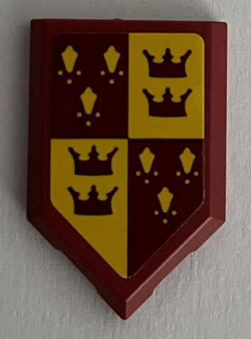 Lego Tile, Modified 2 x 3 Pentagonal with Dark Red and Yellow Gryffindor Banner with Crowns Pattern (Sticker) - Set 76395