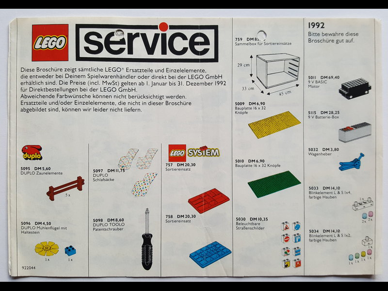 Lego 1992 Medium Service Packs German (922044-D)