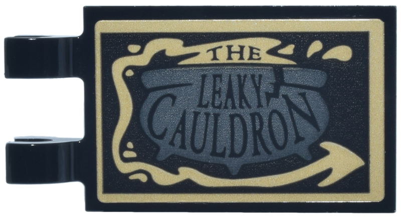Lego Tile, Modified 2 x 3 with 2 Open O Clips with Dark Bluish Gray Cauldron, Tan Splashes and Arrow and 'THE LEAKY CAULDRON' Pattern (Sticker) - Set 76471