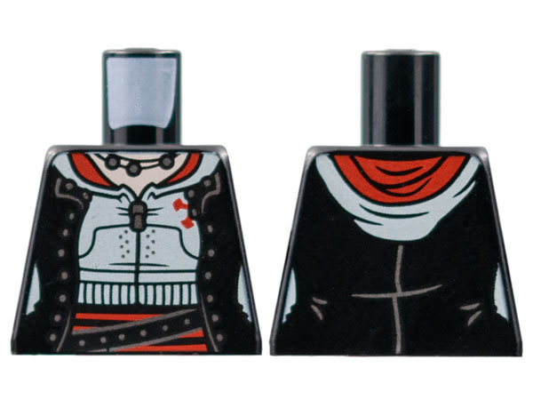 Lego Torso Female Open Jacket with Buttons, White Hoodie, Silver Zipper and Necklace, Red Trim, Belt Pattern / Black