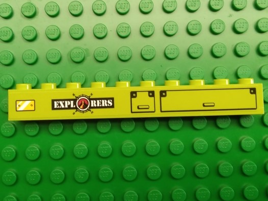 Lego Brick 1 x 10 with Volcano Explorers Logo, Lockers, and Yellow Metal Plate Pattern (Sticker) - Set 60124 / Lime