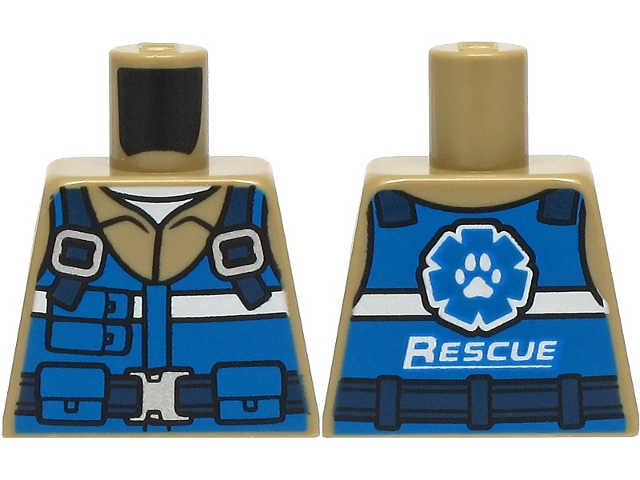Lego Torso Blue Vest with Pockets, White Stripe, Dark Blue Belt with Buckle, Wildlife Rescue Logo on Back Pattern / Dark Tan