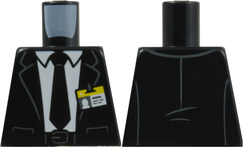 Lego Torso Suit Jacket Open over White Shirt with Tie, Belt with Buckle, ID Badge with Yellow Top and Dark Bluish Gray Clip and Creases Pattern / Black