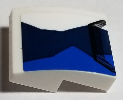 Lego Slope, Curved 2 x 2 x 2/3 with Air Intake Grille and Blue, Dark Blue and White Abstract Shapes Pattern (Sticker) - Set 75885 / White