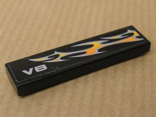 Lego Tile 1 x 4 with 'V8' and White and Orange Flames Pattern Model Right Side (Sticker) - Set 8135