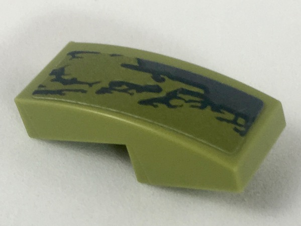 Lego Slope, Curved 2 x 1 x 2/3 with Dark Bluish Gray Scrape Pattern Model Left Side (Sticker) - Set 70653 / Olive Green