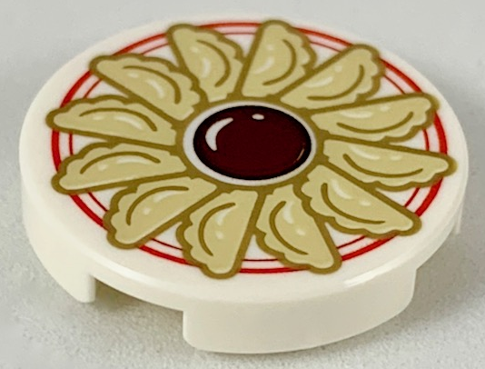 Lego Tile, Round 2 x 2 with Bottom Stud Holder with Jiaozi and Sauce on Plate with Red Border Pattern