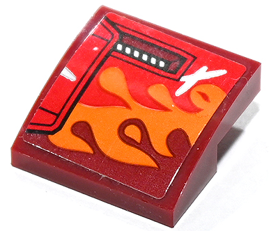 Lego Slope, Curved 2 x 2 x 2/3 with Orange and Red Flames, Engine Vent and Panel Pattern Model Right Side (Sticker) - Set 80019 / Dark Red