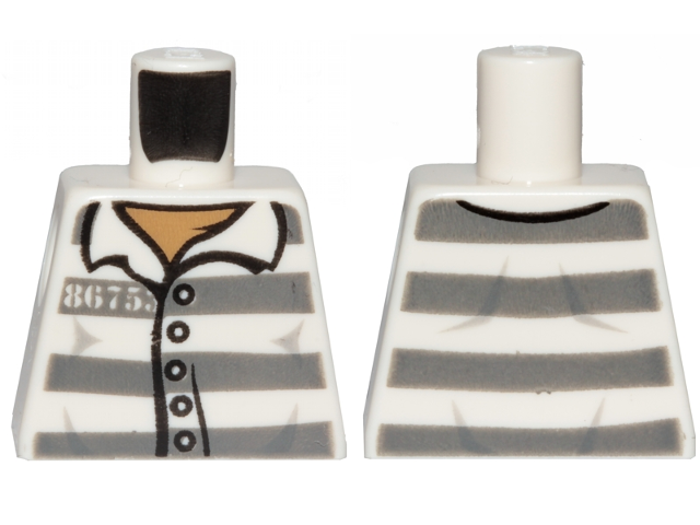 Lego Torso Prison Shirt with Buttons, Dark Bluish Gray Stripes and '86753' over Dark Tan Undershirt Pattern / White