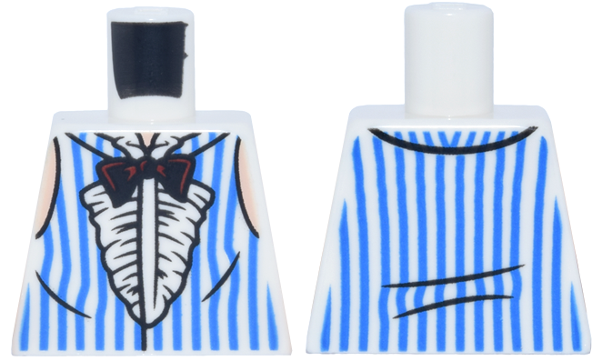 Lego Torso Vest with Blue and White Vertical Stripes, Tuxedo Ruffles, Dark Red and Black Bow Tie Pattern / White