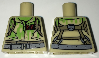 Lego Torso Ghostbusters Jumpsuit Slimed with 'P.V.' ID Badge and Straps on Reverse Pattern / Tan