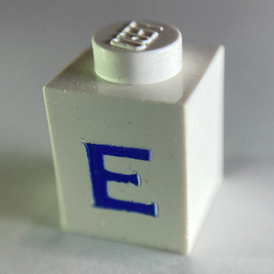 Lego Brick 1 x 1 with Blue 'E' Print (Serif Font)