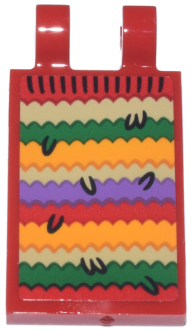 Lego Tile, Modified 2 x 3 with 2 Open O Clips with Tan, Green, Bright Light Orange and Medium Lavender Knitted Stripes Pattern (Sticker) - Set 76437 / Red