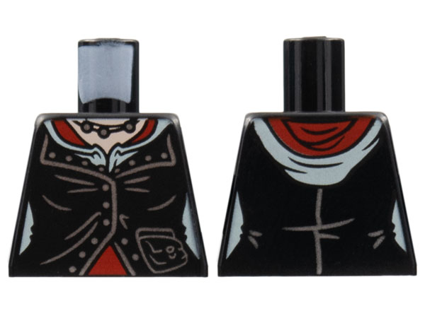 Lego Torso Female Jacket with Silver Lines and Necklace, Light Nougat Neck, Red Shirt Pattern / Black