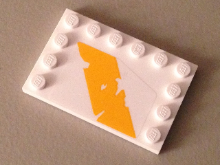 Lego Tile, Modified 4 x 6 with Studs on Edges with Bright Light Orange Tattered Diagonal Stripe Pattern Model Left Side (Sticker) - Set 75053 / White
