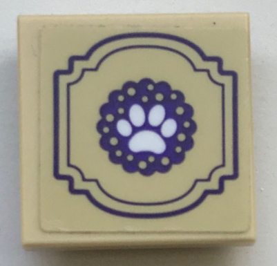Lego Tile, Modified 2 x 2 Inverted with White Paw Print and Dark Purple Border Pattern (Sticker) - Set 41345 / Tan