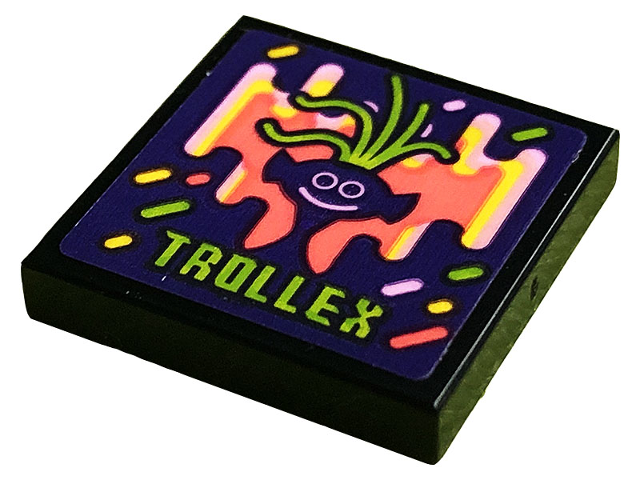 Lego Tile 2 x 2 with Dark Purple Troll Head, Lime Hair and 'TROLLEX' (King Trollex) Pattern (Sticker) - Set 41250 / Black