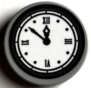 Lego Tile, Round 2 x 2 with Bottom Stud Holder with Clock Face (Time 11:52) with Black Border, Hands and Roman Numerals on White Background Pattern (Sticker) - Set 60216