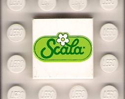 Lego Tile 2 x 2 with 'Scala' Script and White Flower on Green Oval Pattern / White